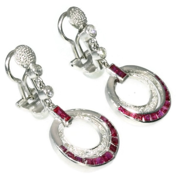 Estate ruby diamond dangle clip earrings platinum (image 2 of 6)